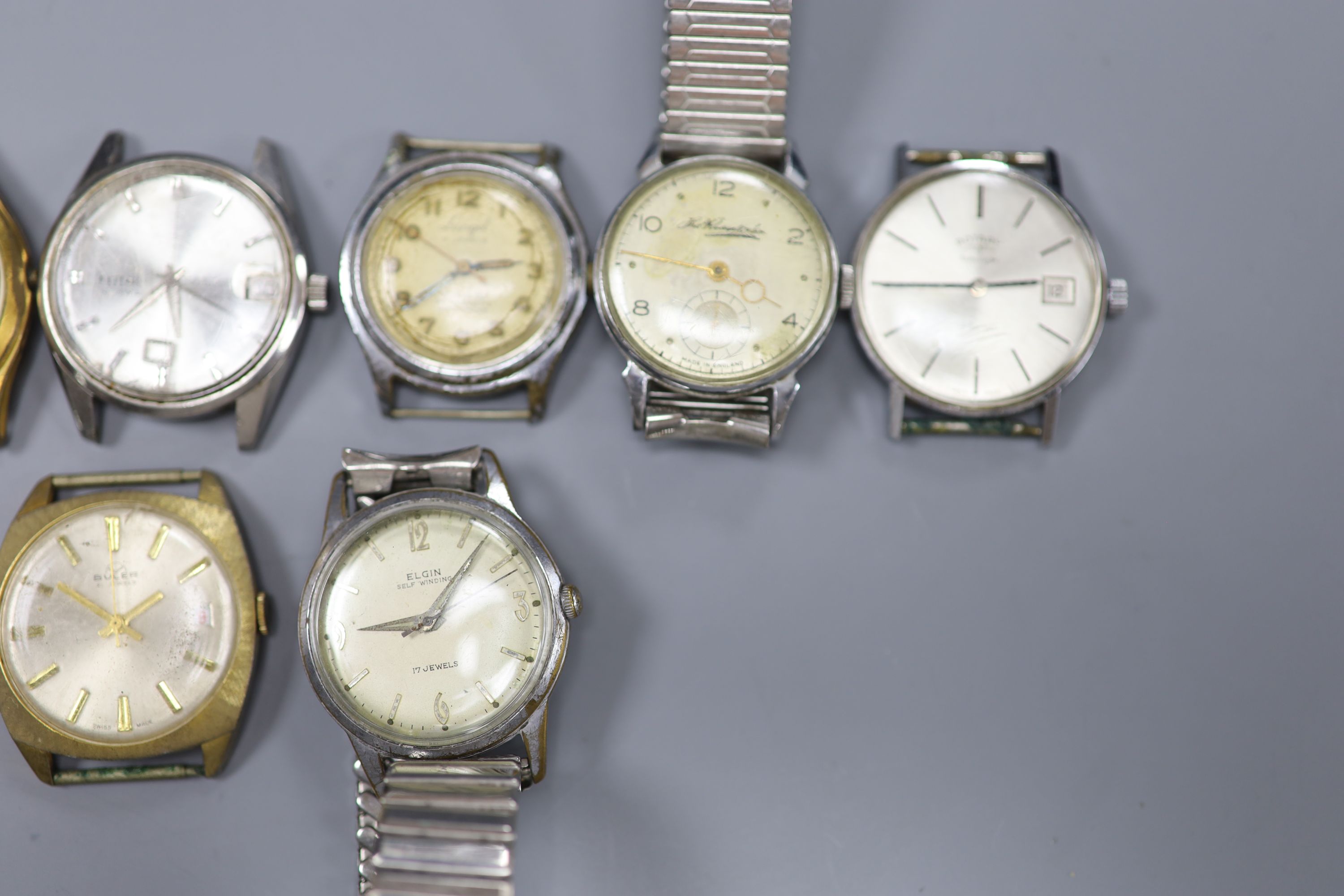 Eight assorted gentlemans wrist watches including Buler, Elgin & Rotary.